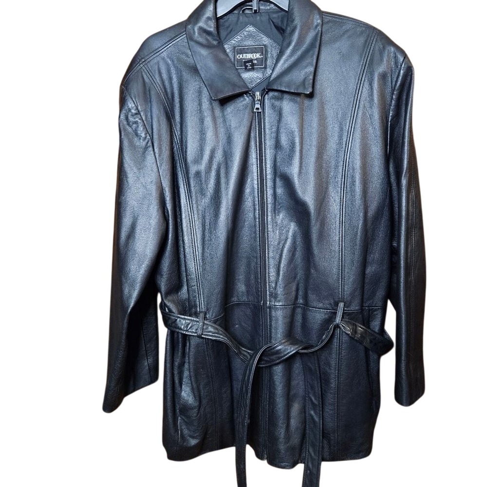 Outbrook Woman Jacket Womens 3X Black Leather Collared Belted Zip Front Pockets